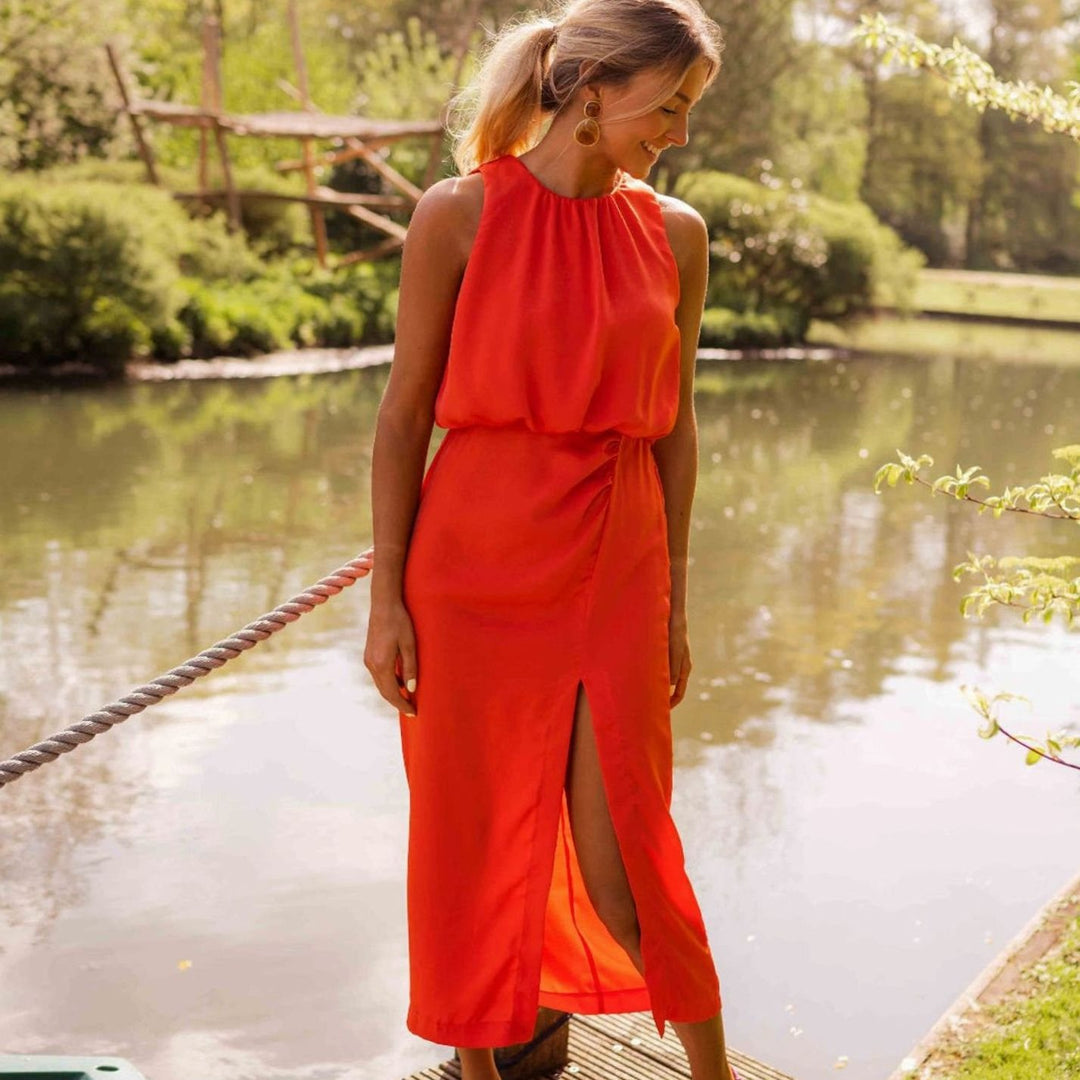 Women's Sleeveless Halter-Neck Midi Dress Front Slit