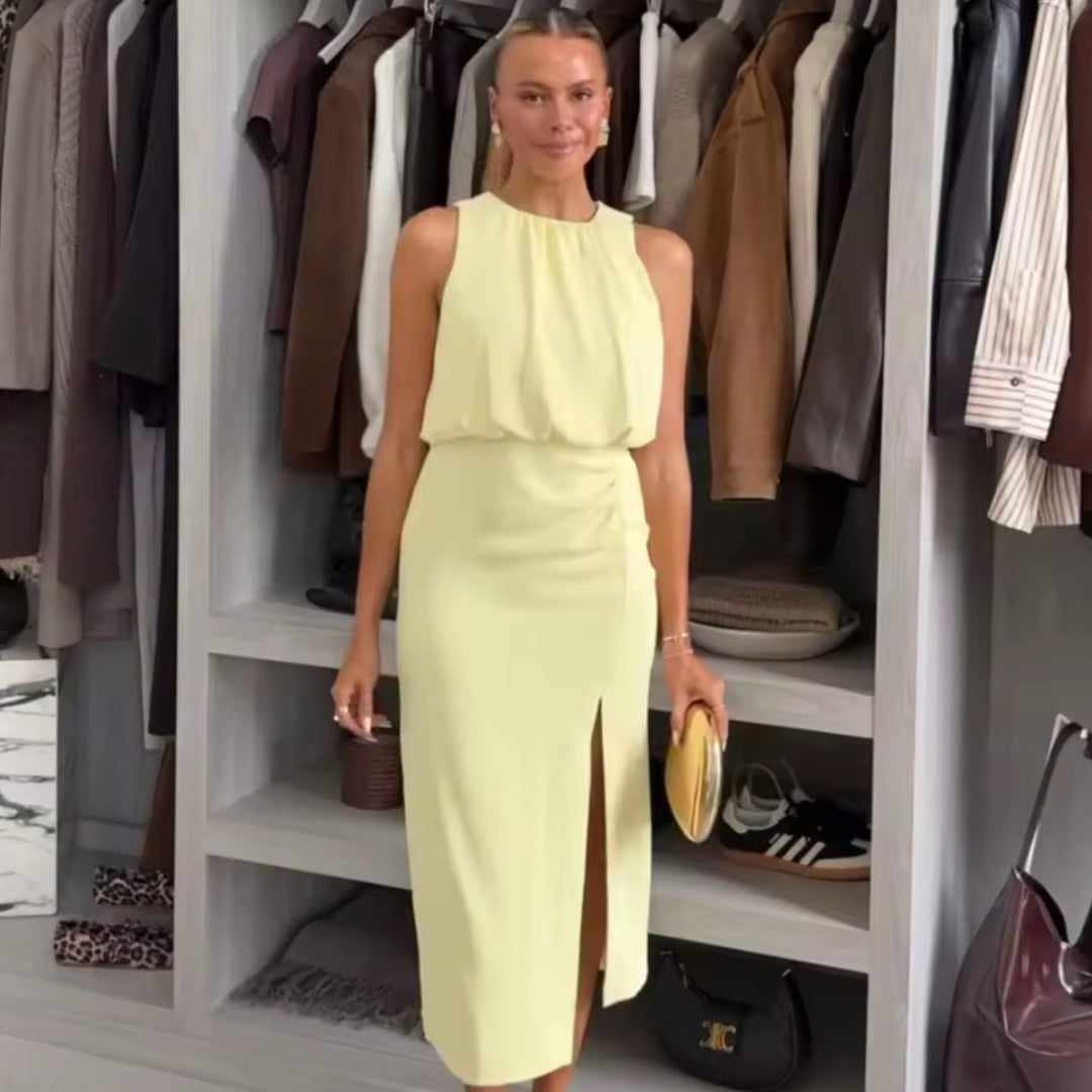 Women's Sleeveless Halter-Neck Midi Dress Front Slit - Yellow