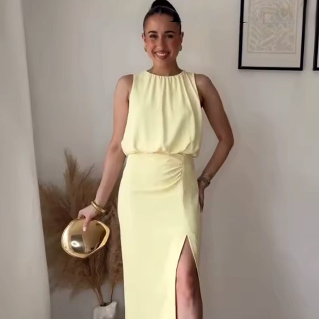 Women's Sleeveless Halter-Neck Midi Dress Front Slit
