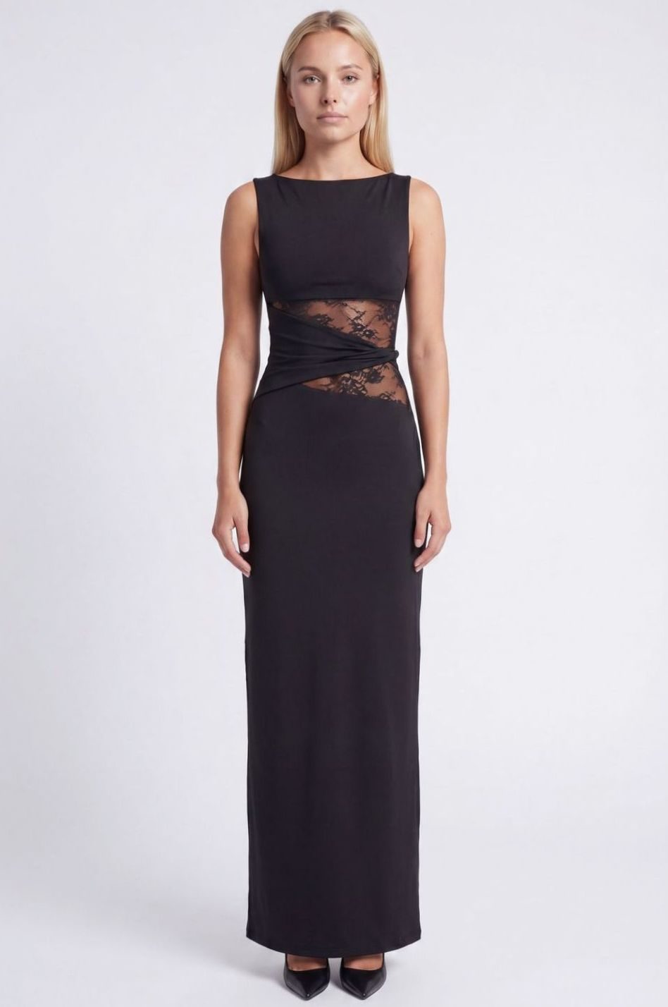 Women's Sleeveless Lace-Panel Fitted Maxi Dress - Black