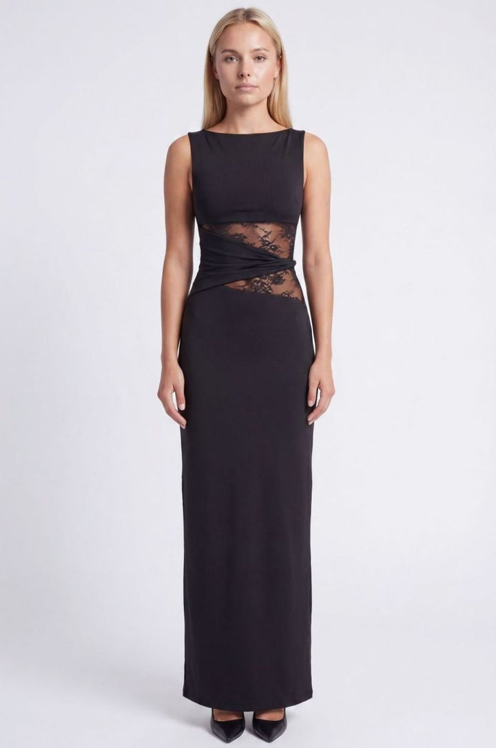 Women's Sleeveless Lace-Panel Fitted Maxi Dress - Black