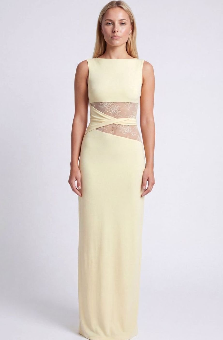 Women's Sleeveless Lace-Panel Fitted Maxi Dress - Yellow