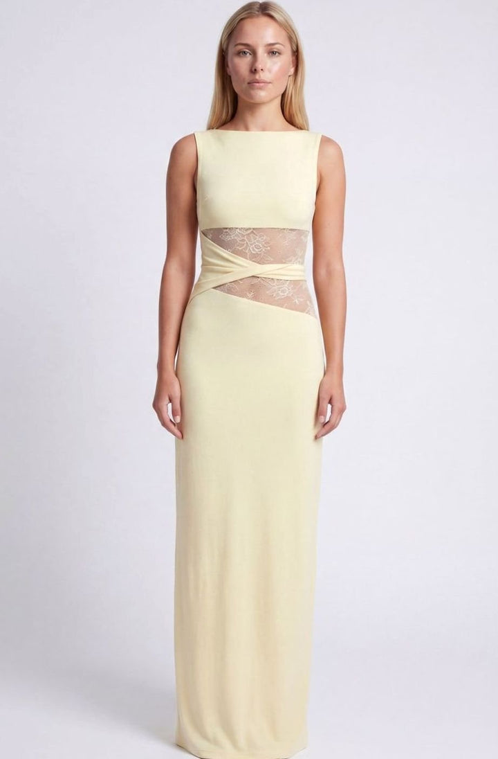 Women's Sleeveless Lace-Panel Fitted Maxi Dress - Yellow