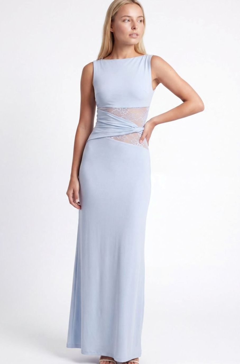 Women's Sleeveless Lace-Panel Fitted Maxi Dress - Blue