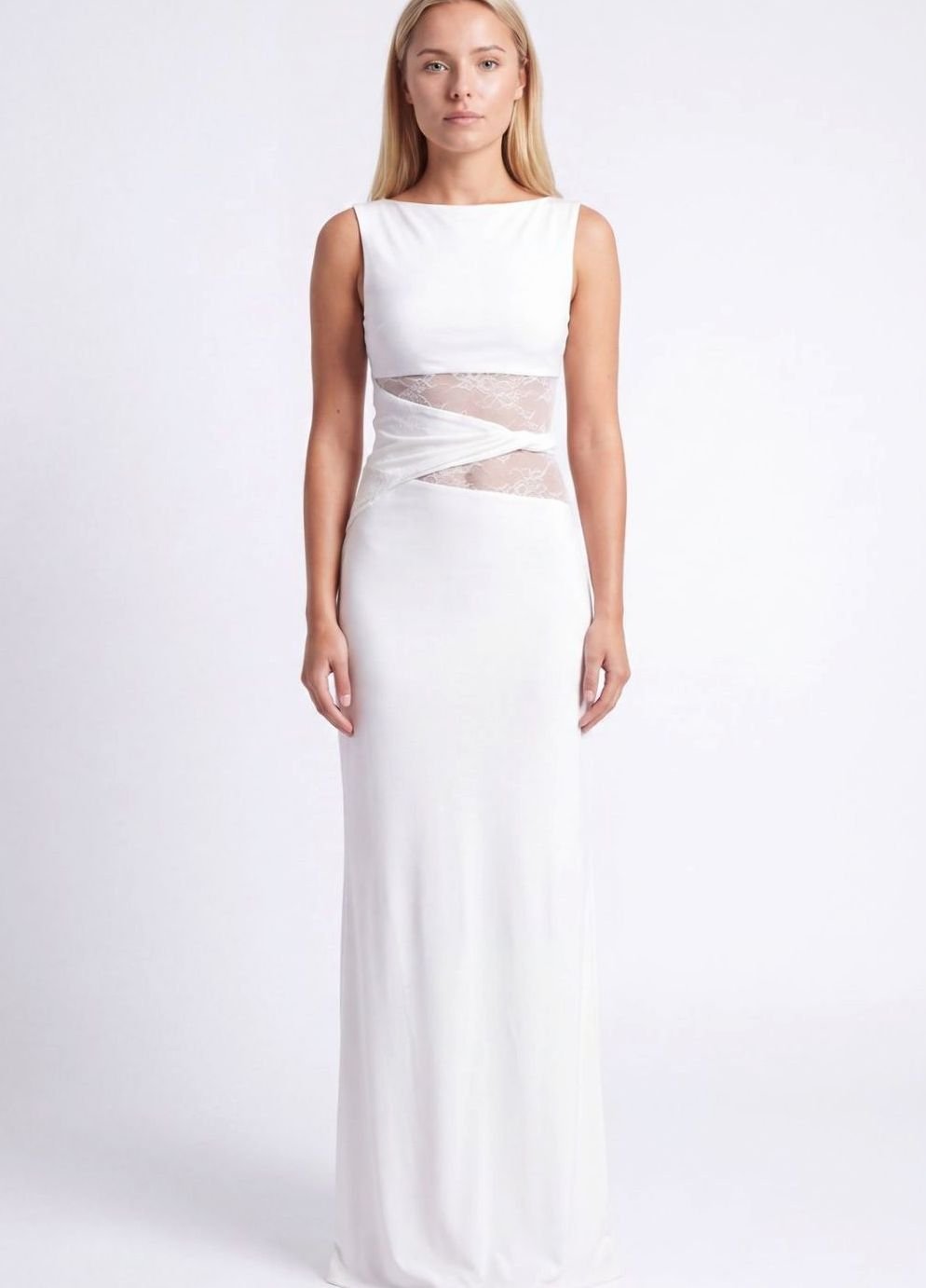 Women's Sleeveless Lace-Panel Fitted Maxi Dress - White
