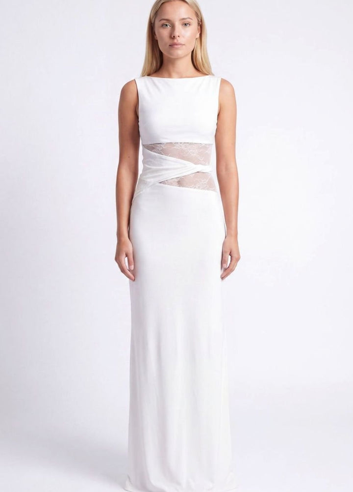 Women's Sleeveless Lace-Panel Fitted Maxi Dress - White