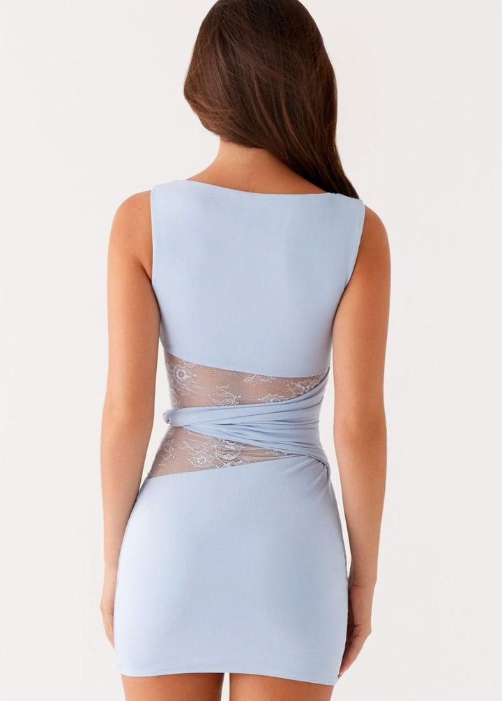 Women's Sleeveless Lace-Panel Twisted-Waist Mini Dress