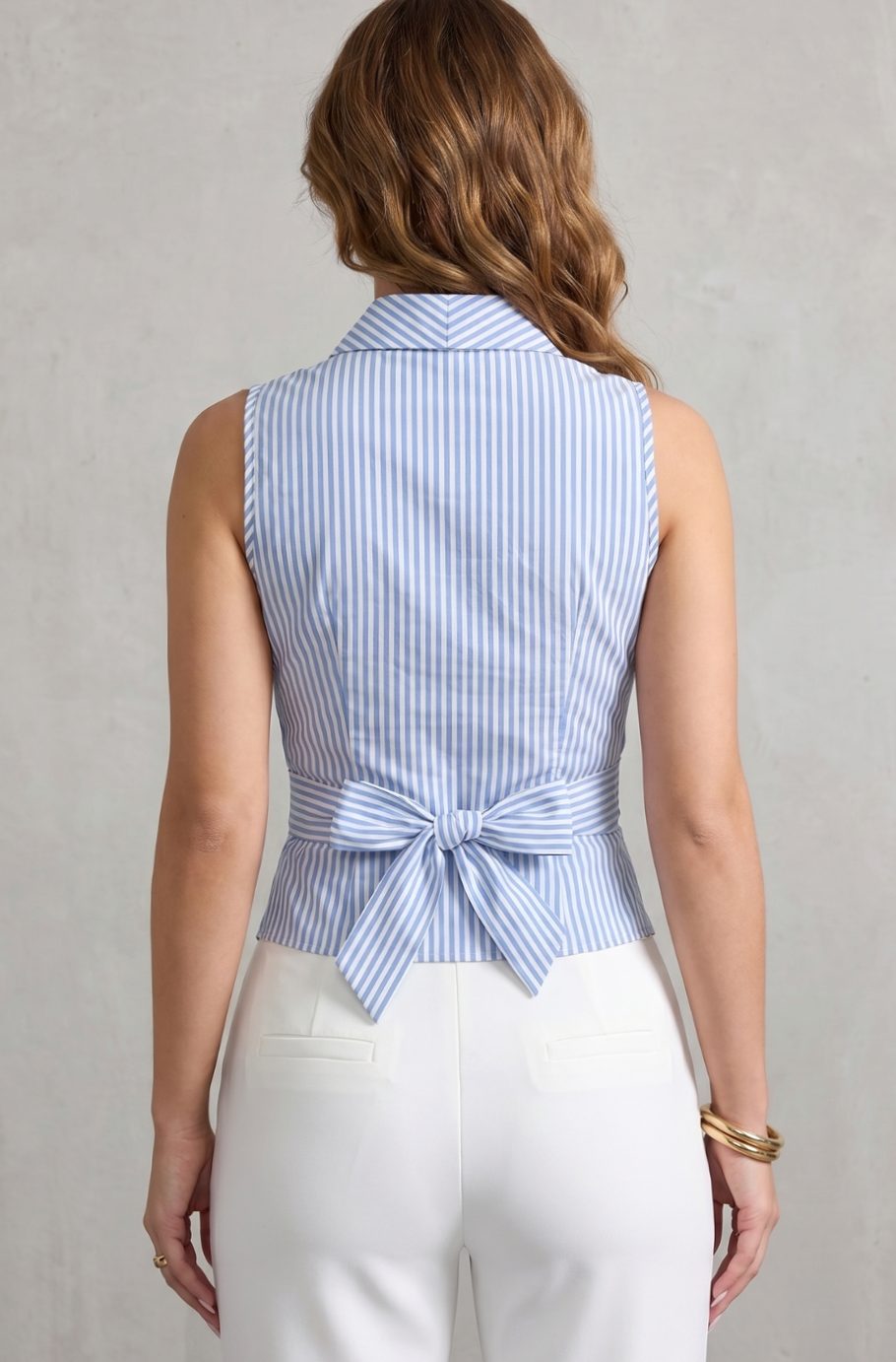 Women's Sleeveless Striped Wrap Blouse Shawl Collar Top