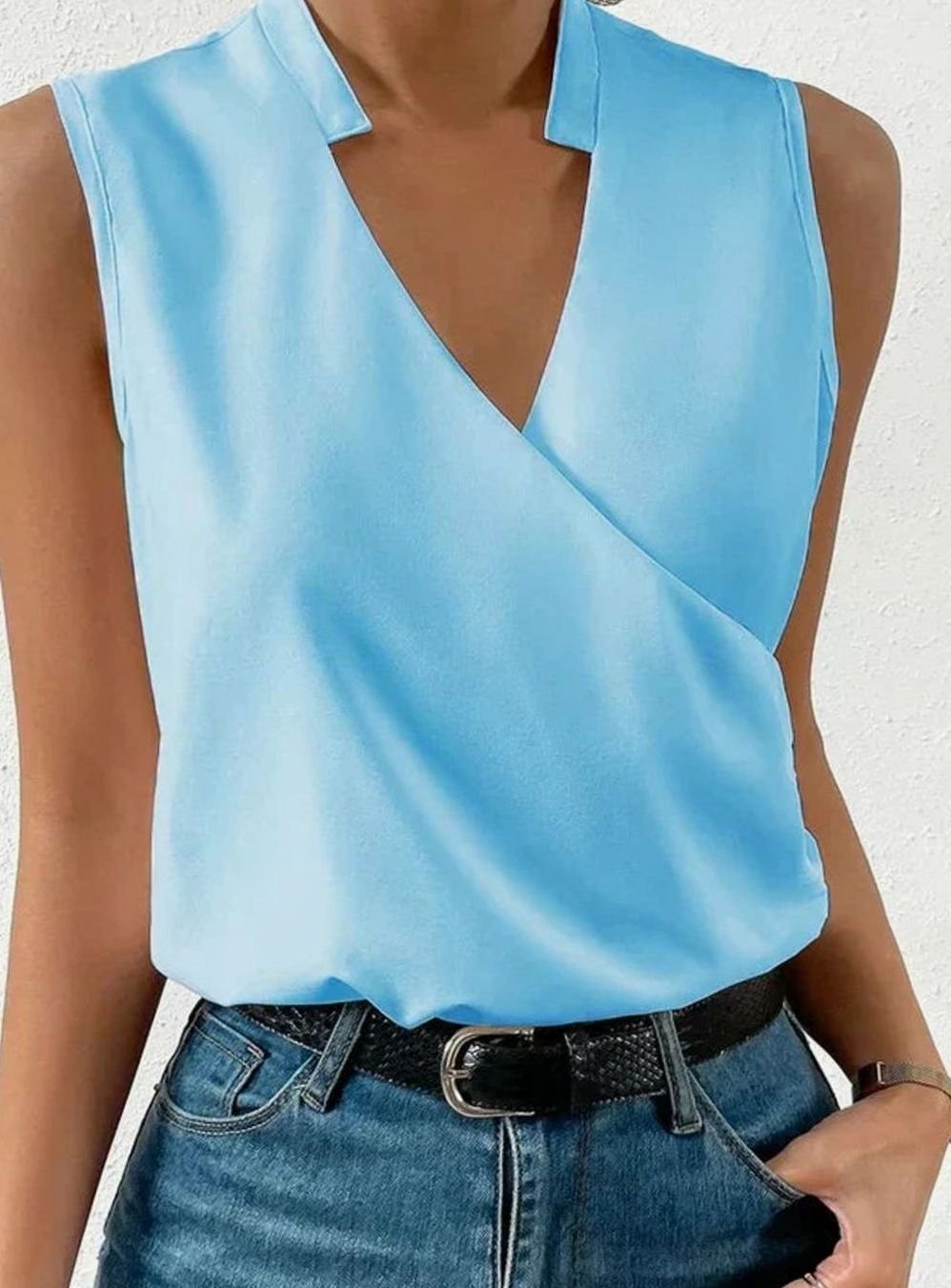 Women's Sleeveless Surplice V-Neck Collared Blouse, White - Light Blue