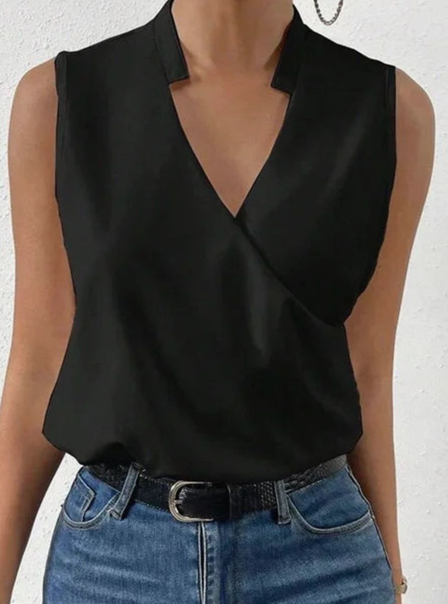 Women's Sleeveless Surplice V-Neck Collared Blouse, White - Black
