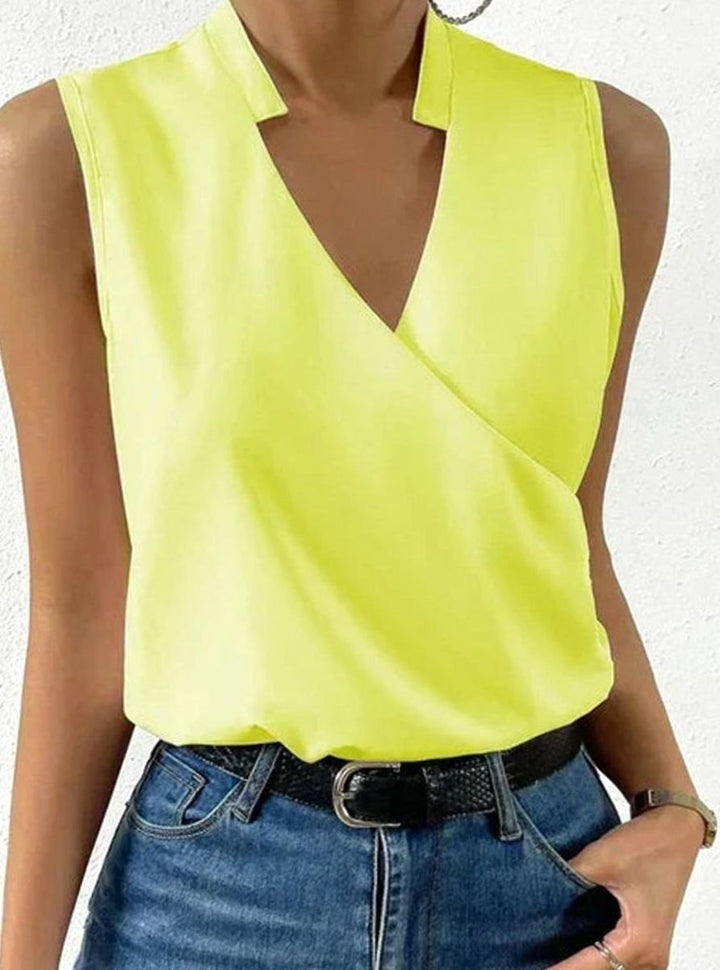 Women's Sleeveless Surplice V-Neck Collared Blouse, White - Yellow