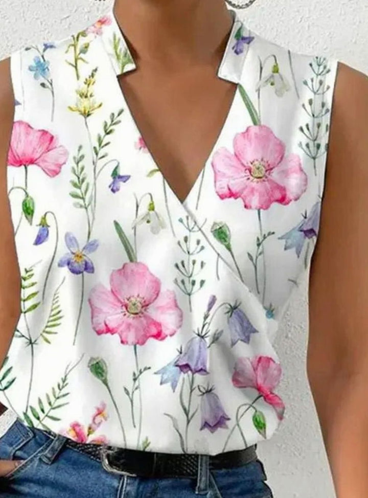 Women's Sleeveless Surplice V-Neck Collared Blouse, White - Floral 1