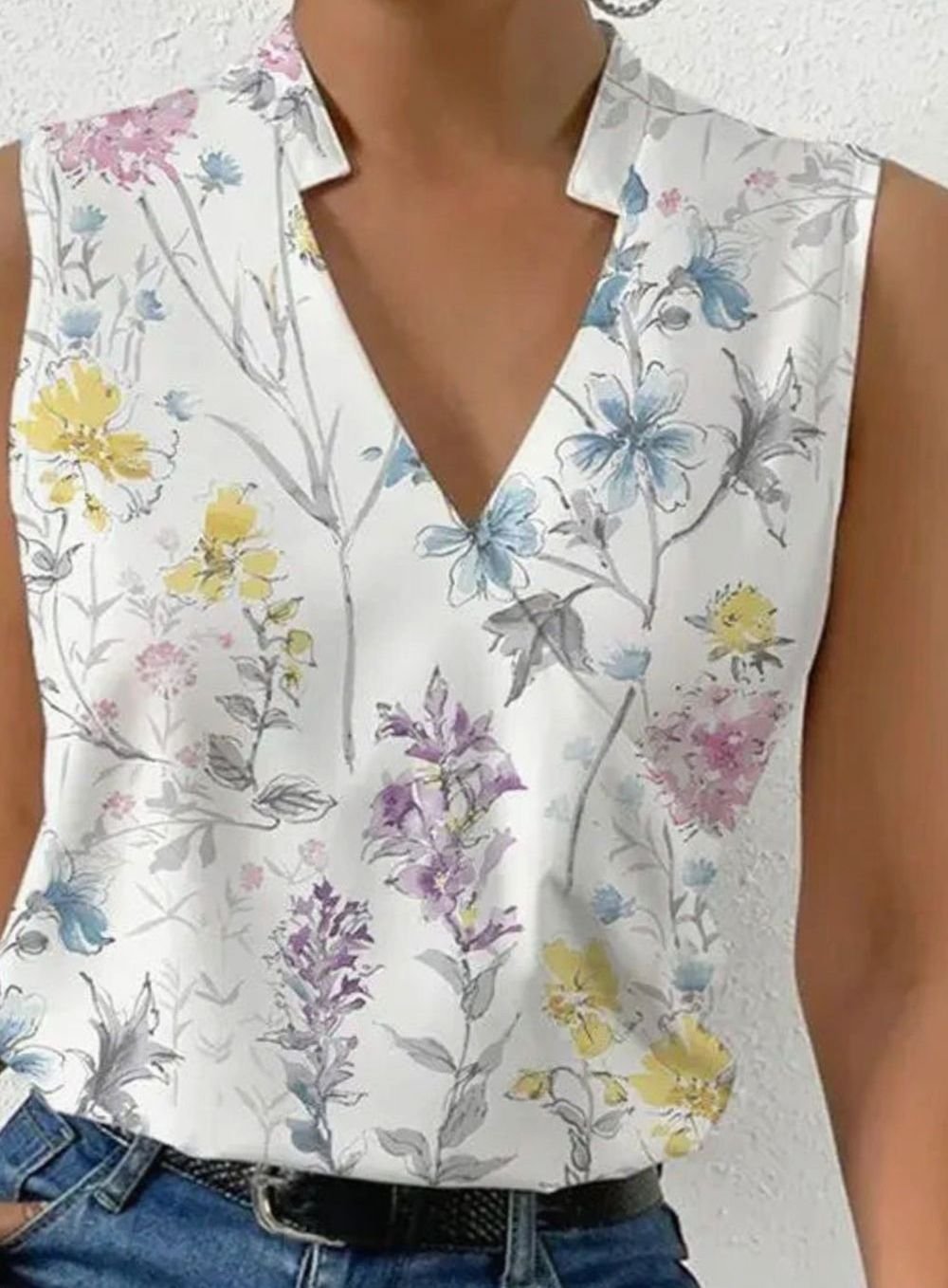 Women's Sleeveless Surplice V-Neck Collared Blouse, White - Floral 2