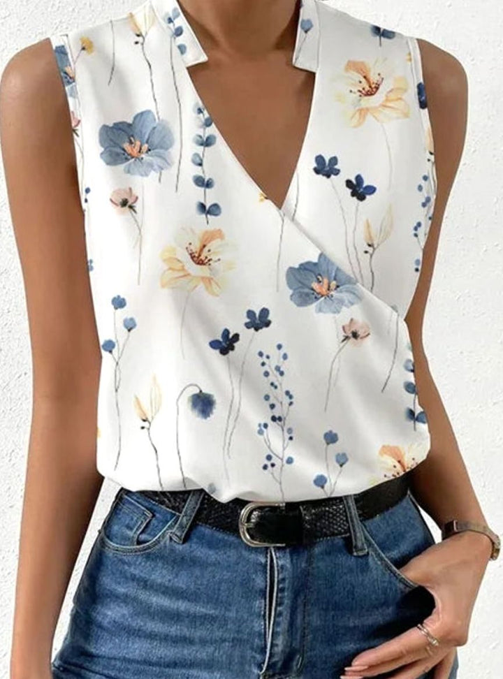 Women's Sleeveless Surplice V-Neck Collared Blouse, White - Floral 3