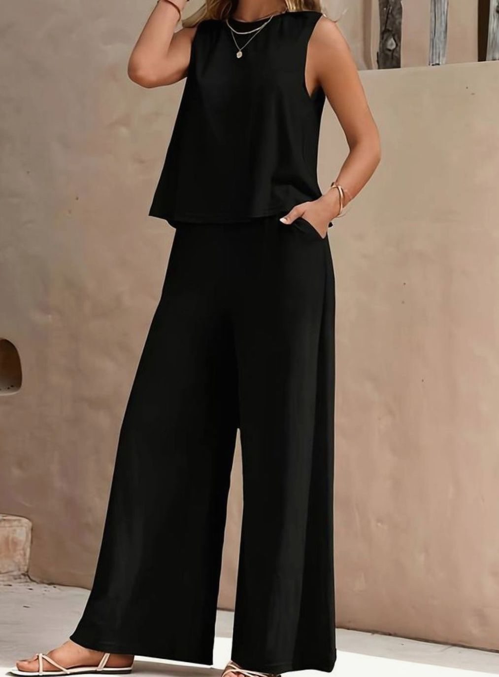 Women's Sleeveless Tank Top Wide-Leg Pants Two-Piece Set - Black