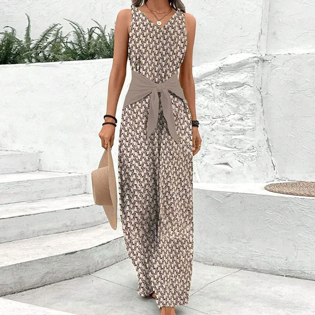 Women's Sleeveless V-Neck Belted Wide-Leg Jumpsuit