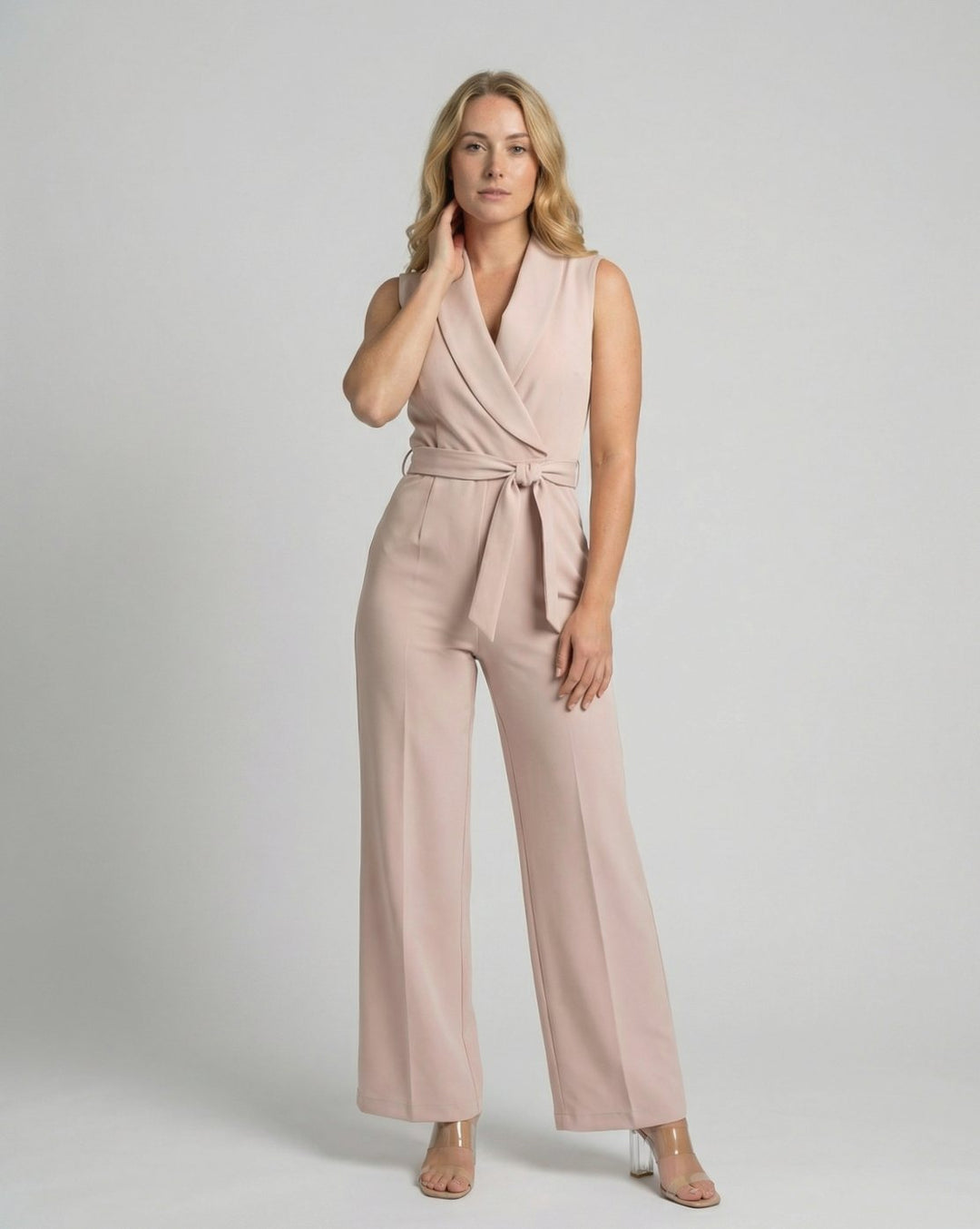 Women's Sleeveless Wide-Leg Belted Wrap Jumpsuit - Dusty Rose