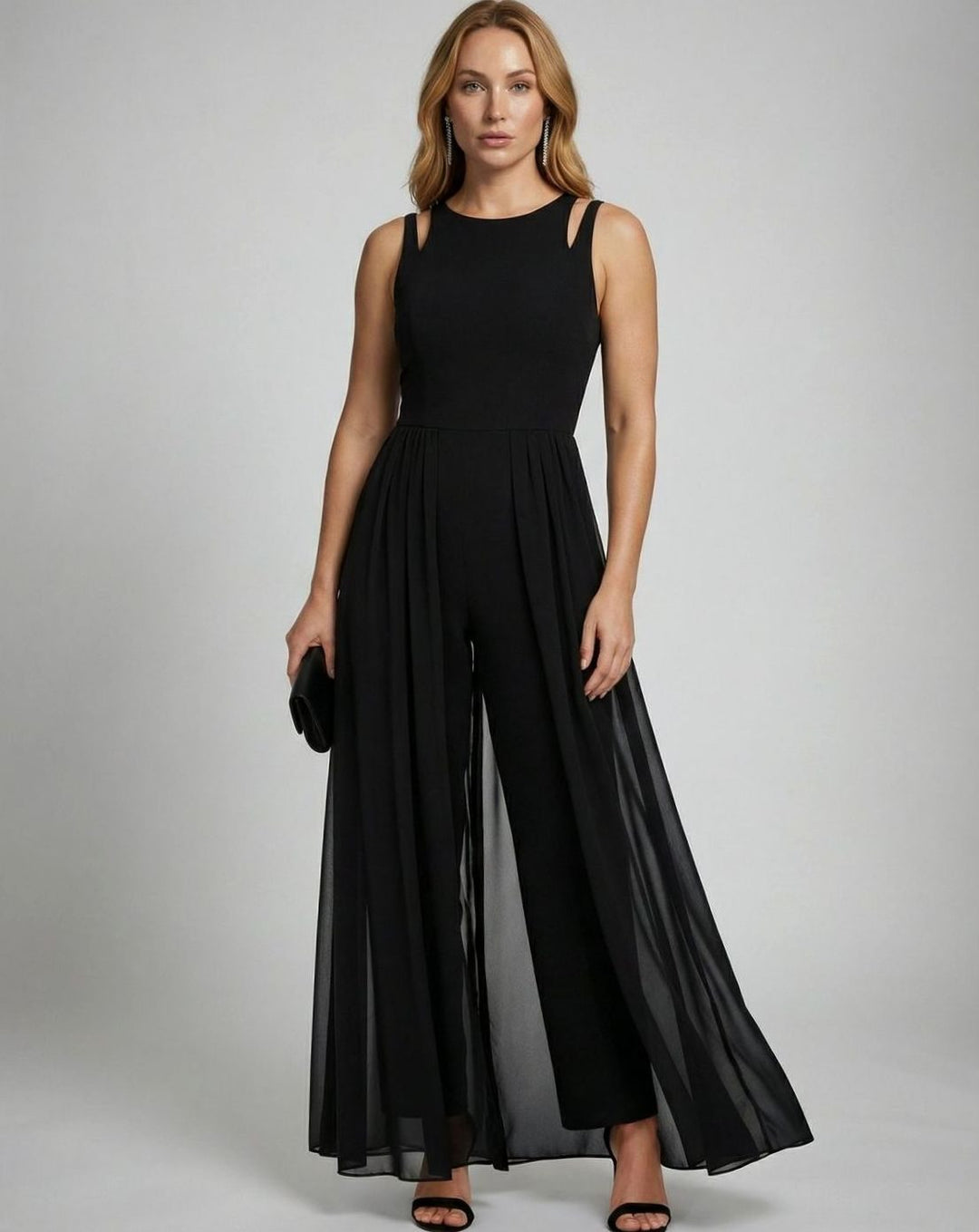 Women's Sleeveless Wide-Leg Chiffon Overlay Jumpsuit - Black