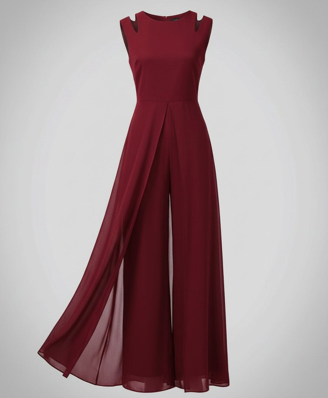 Women's Sleeveless Wide-Leg Chiffon Overlay Jumpsuit - Red