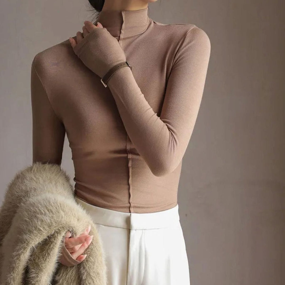 Women's Slim-Fit Mock-Neck Long Sleeve Turtleneck Shirt - Khaki