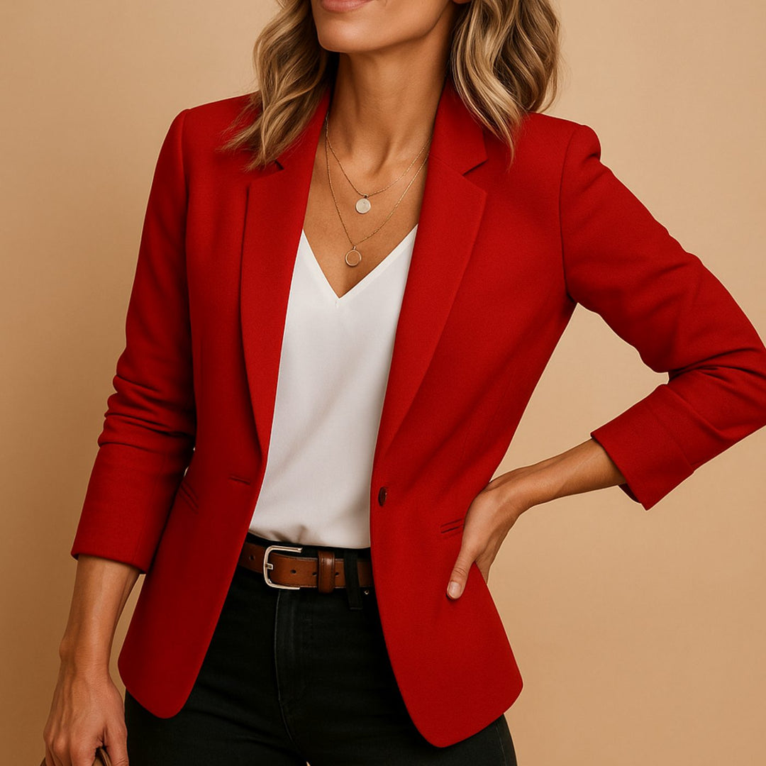 Women's Slim-Fit Single Button Blazer Tailored Shoulder - Dark Red