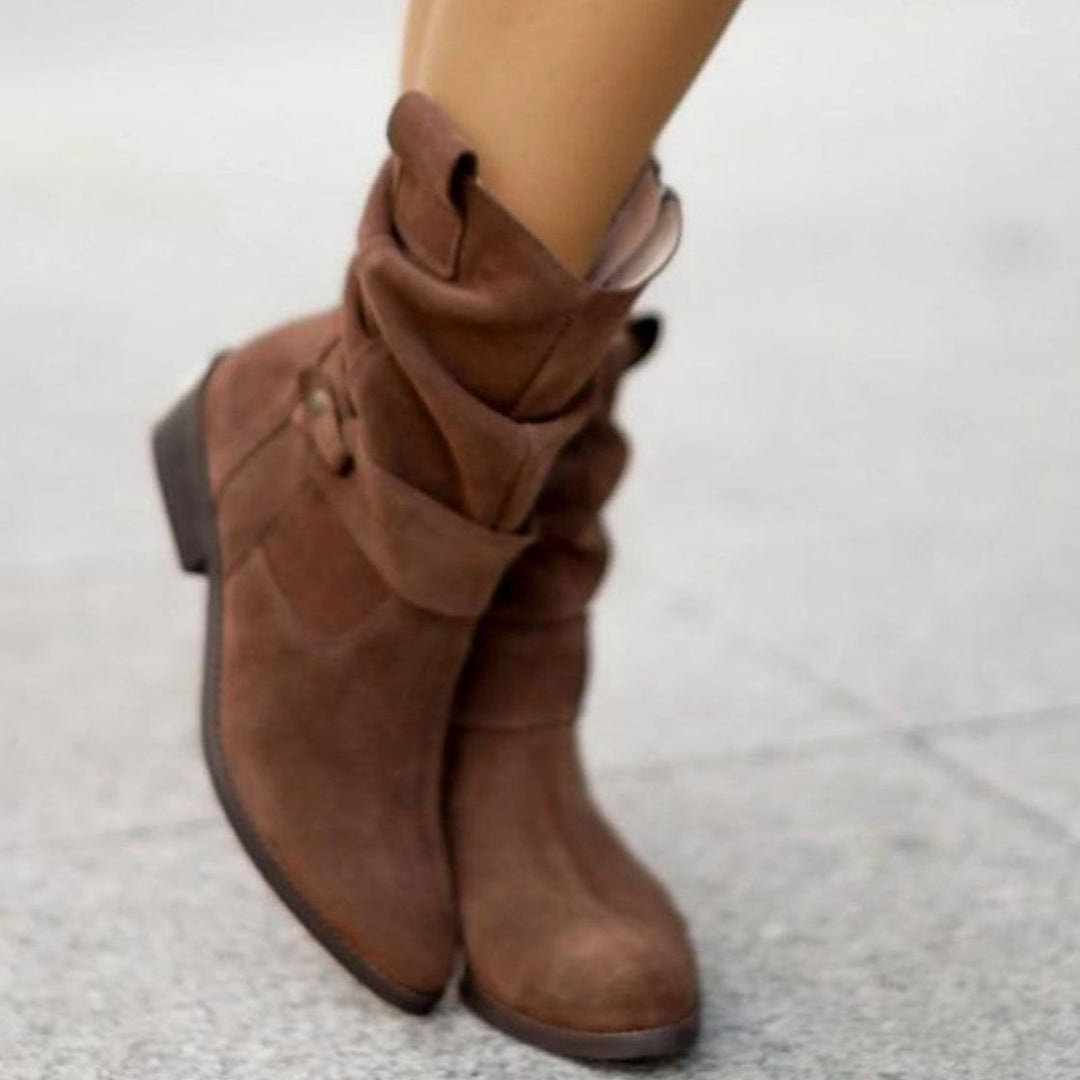 Women's Slouch Ankle Boots Zip-Up Block Heel Suede Wide Calf - Arizona Brown