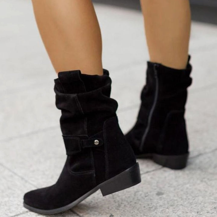 Women's Slouch Ankle Boots Zip-Up Block Heel Suede Wide Calf - Manhattan Black