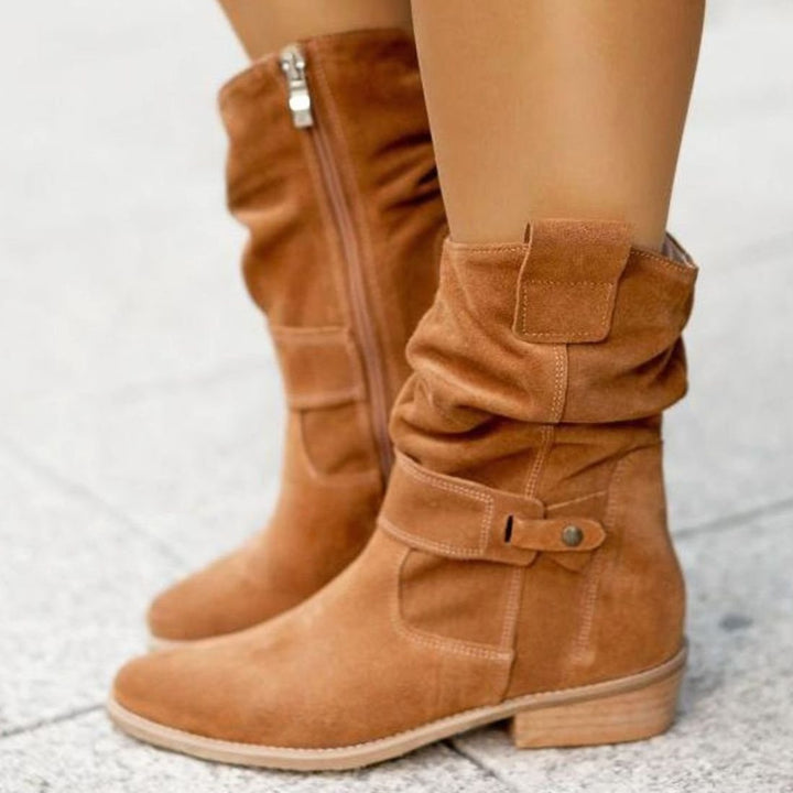 Women's Slouch Ankle Boots Zip-Up Block Heel Suede Wide Calf