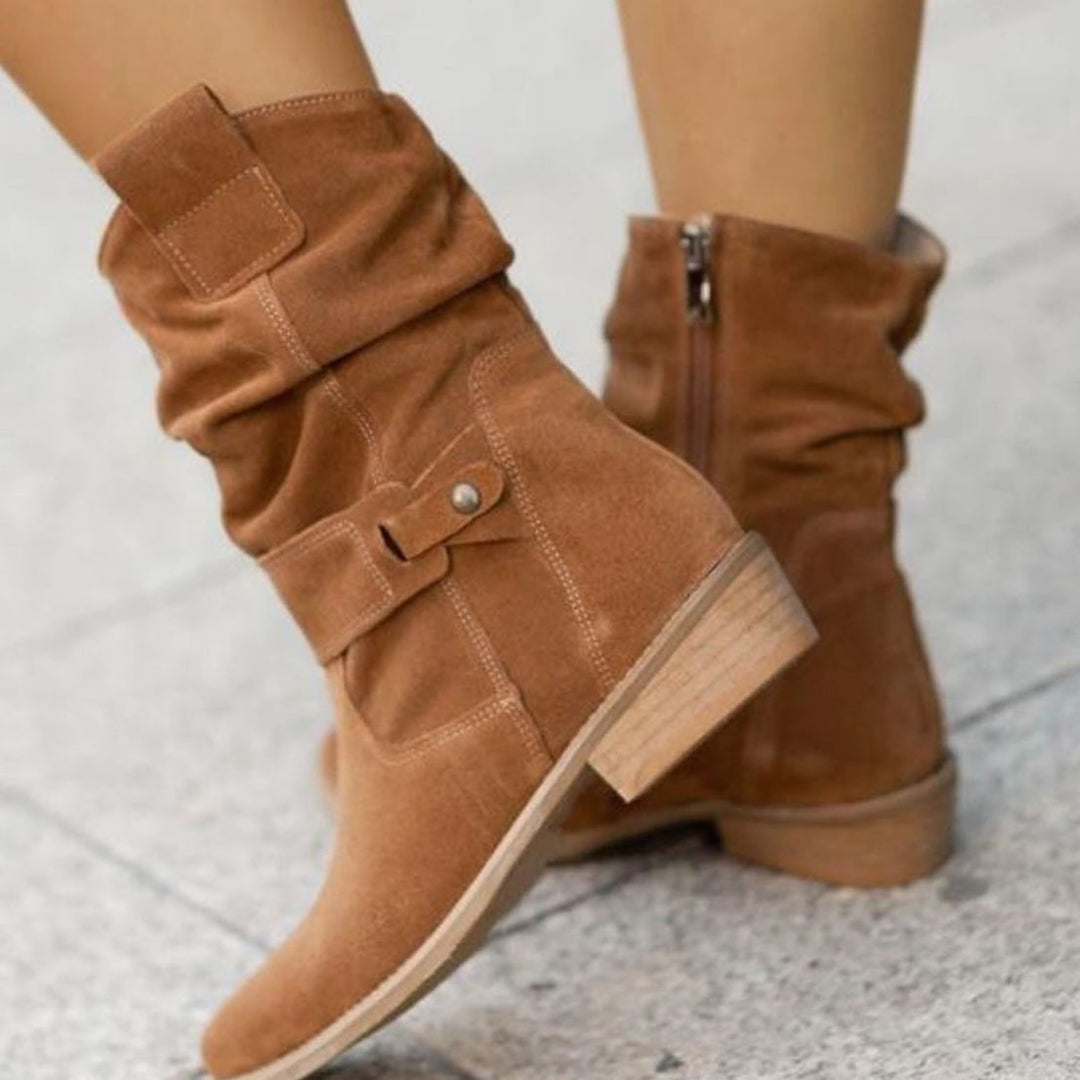 Women's Slouch Ankle Boots Zip-Up Block Heel Suede Wide Calf - Texan Brown