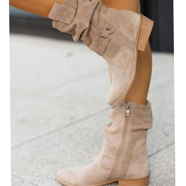 Women's Slouch Ankle Boots Zip-Up Block Heel Suede Wide Calf
