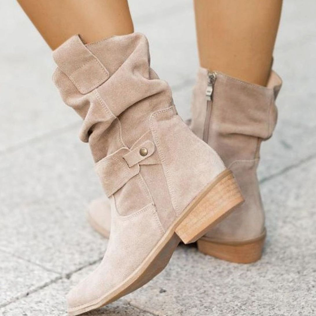 Women's Slouch Ankle Boots Zip-Up Block Heel Suede Wide Calf