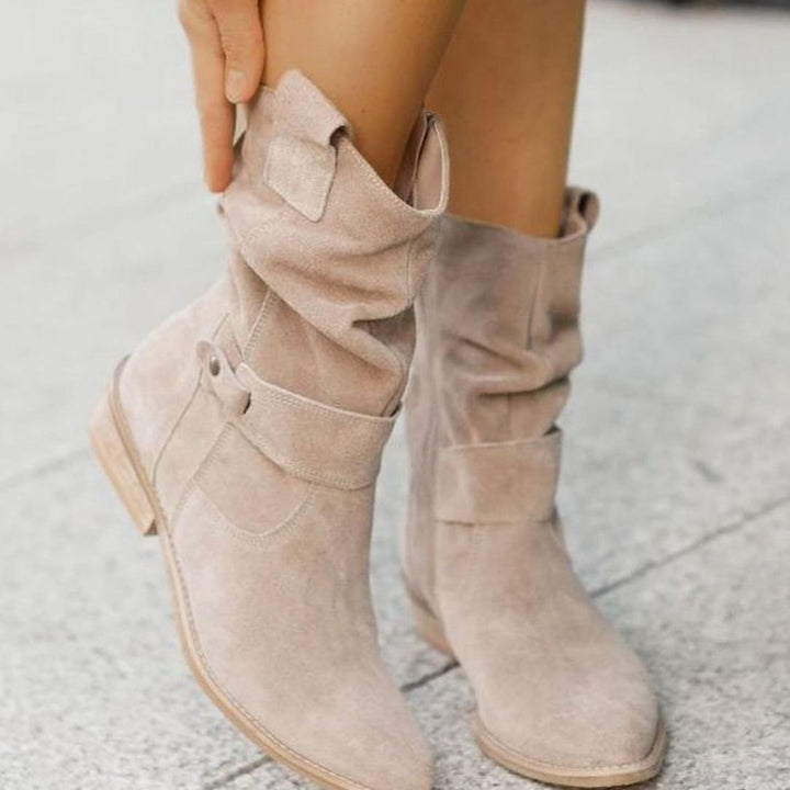 Women's Slouch Ankle Boots Zip-Up Block Heel Suede Wide Calf - Suede Beige