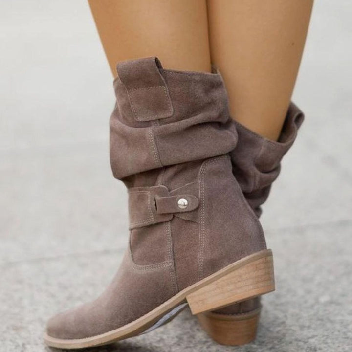 Women's Slouch Ankle Boots Zip-Up Block Heel Suede Wide Calf - Alabaster Beige