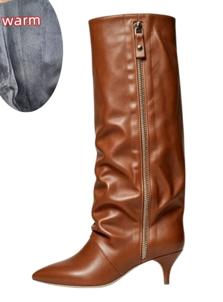 Women's Slouchy Kitten Heel Knee-High Suede Boots - Faux Leather Brown