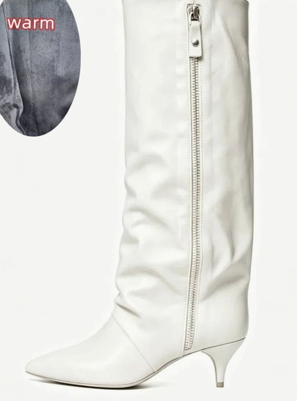 Women's Slouchy Kitten Heel Knee-High Suede Boots - Faux Leather White