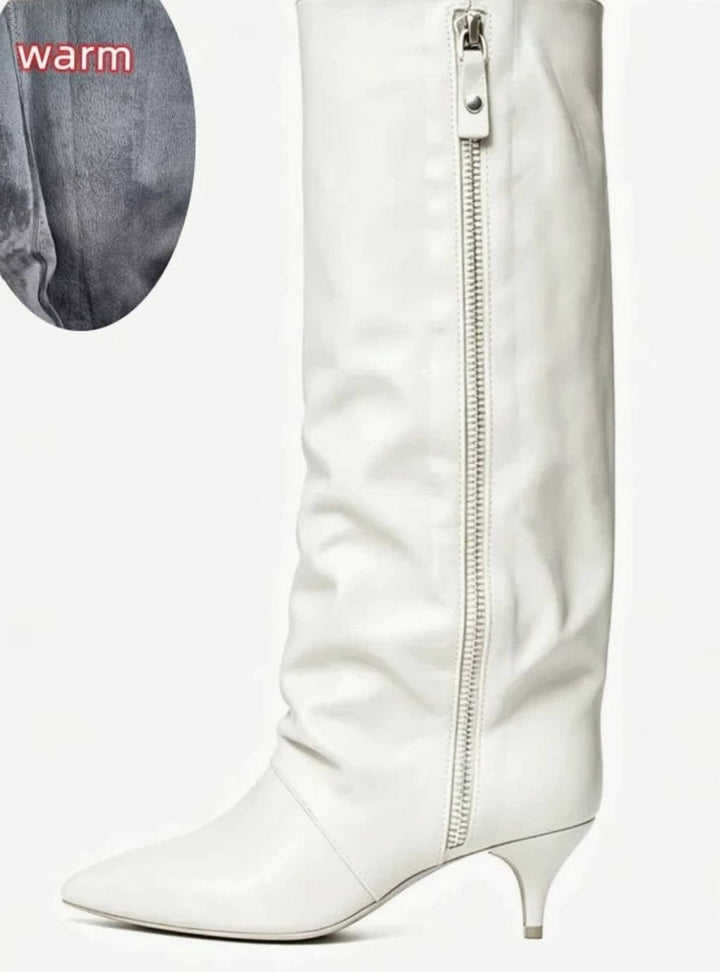 Women's Slouchy Kitten Heel Knee-High Suede Boots - Faux Leather White