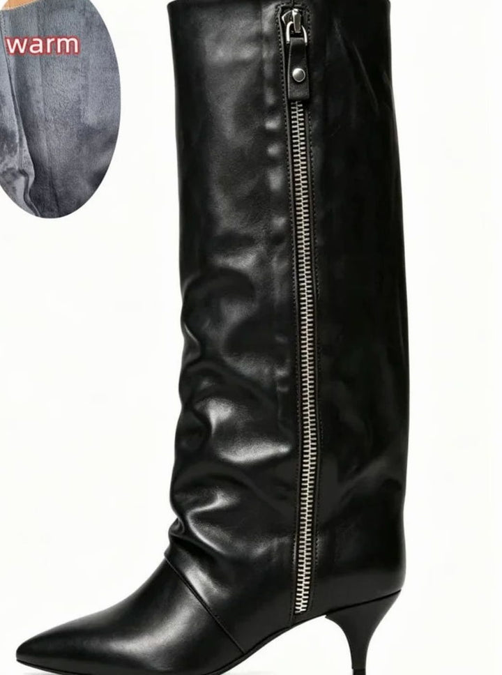 Women's Slouchy Kitten Heel Knee-High Suede Boots - Faux Leather Black