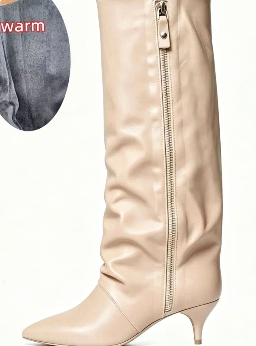 Women's Slouchy Kitten Heel Knee-High Suede Boots - Faux Leather Apricot
