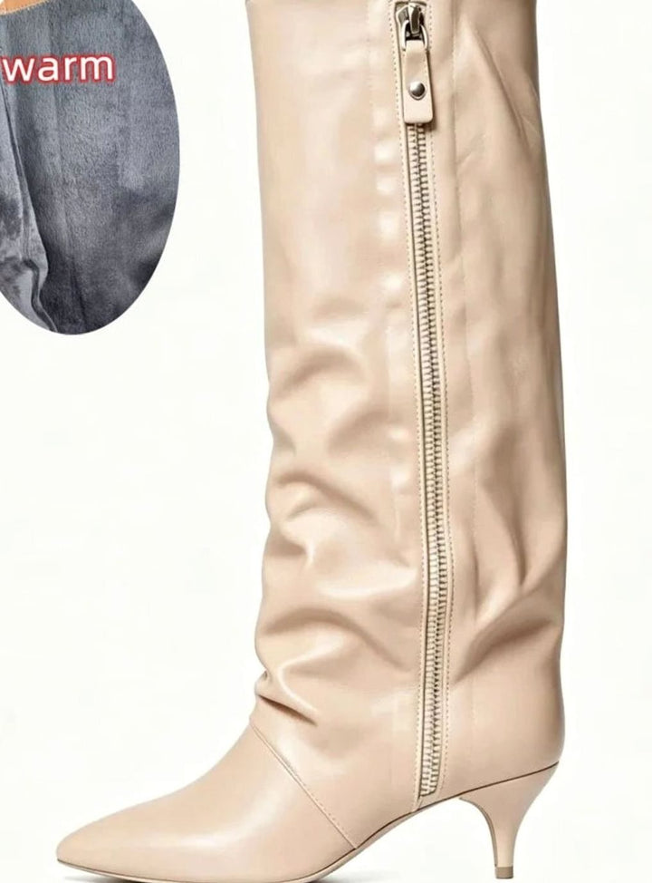 Women's Slouchy Kitten Heel Knee-High Suede Boots - Faux Leather Apricot