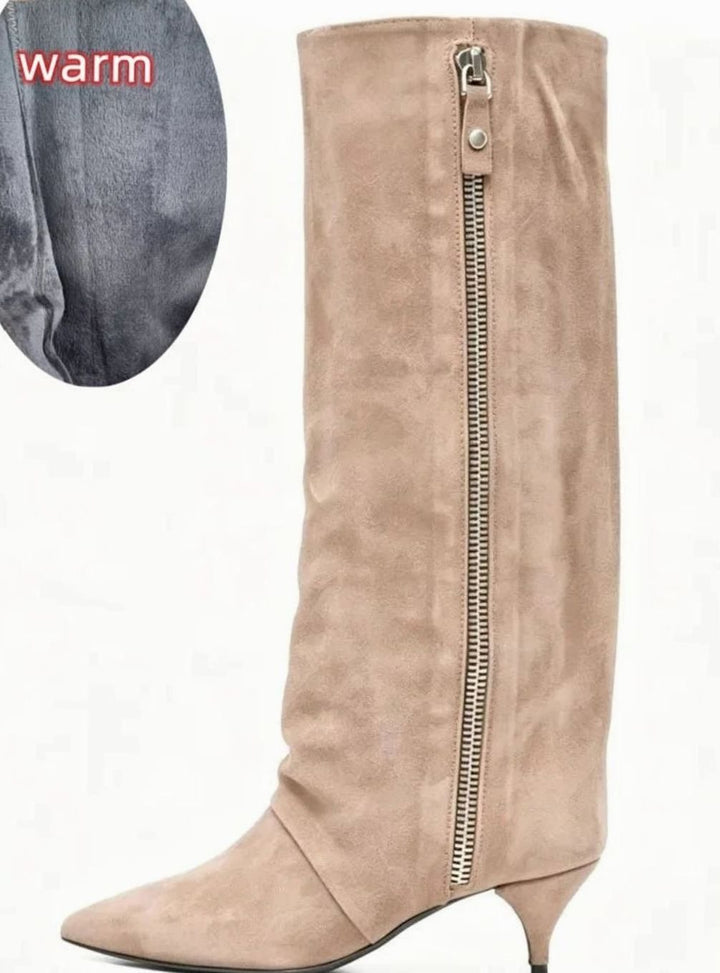 Women's Slouchy Kitten Heel Knee-High Suede Boots - Suede Apricot