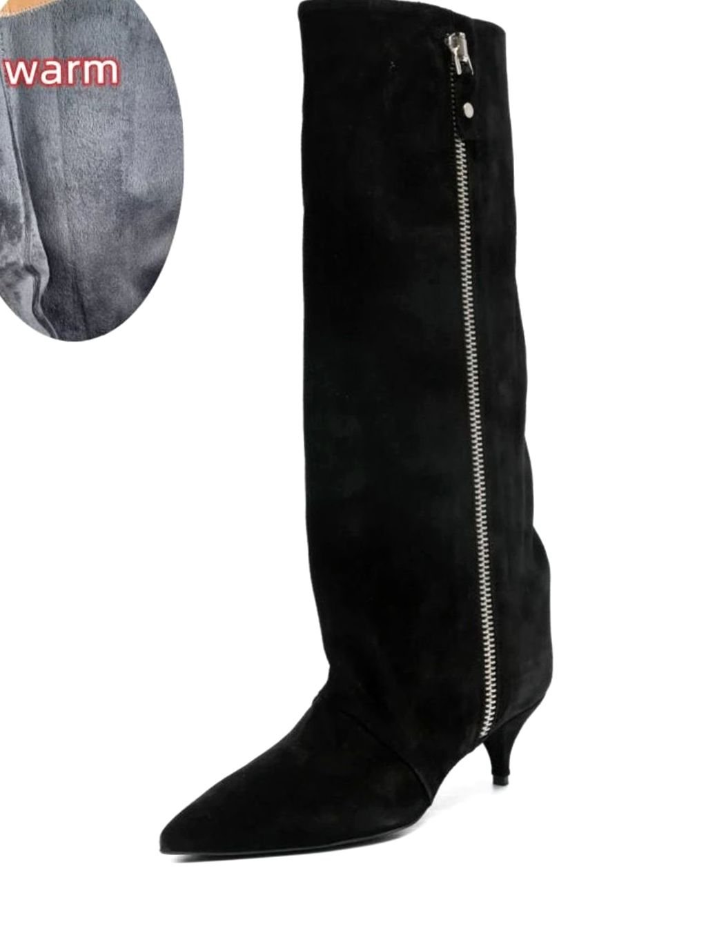 Women's Slouchy Kitten Heel Knee-High Suede Boots - Suede Black