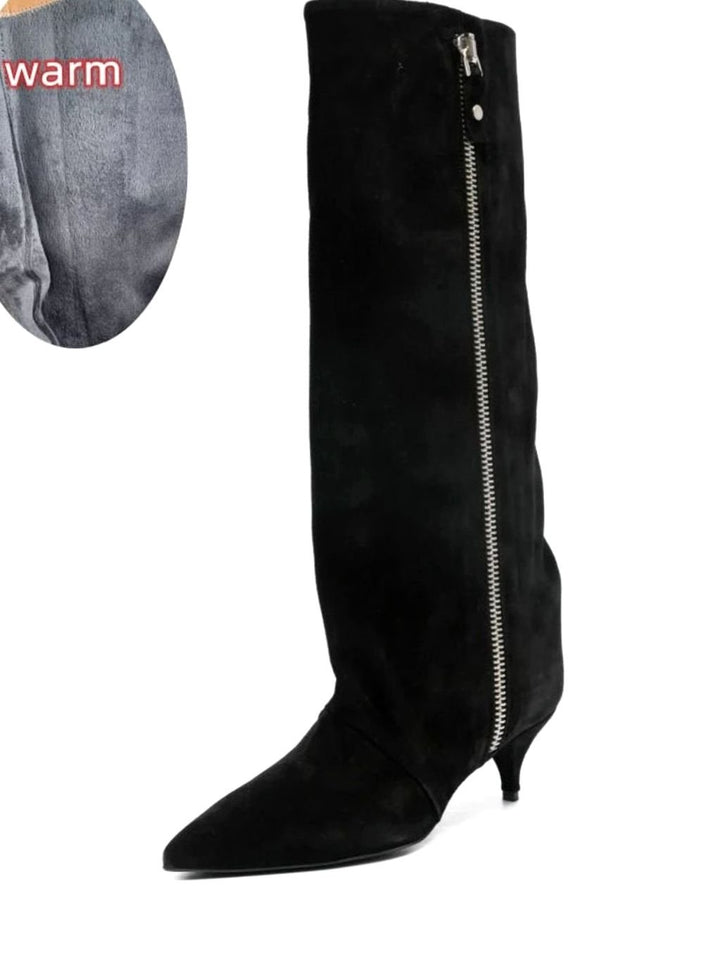 Women's Slouchy Kitten Heel Knee-High Suede Boots - Suede Black