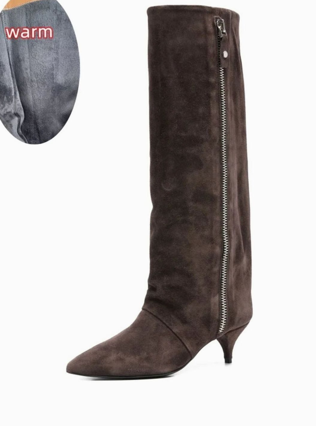 Women's Slouchy Kitten Heel Knee-High Suede Boots - Suede Brown