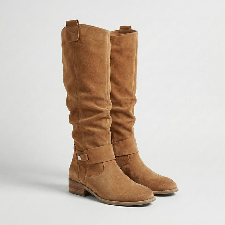 Women's Slouchy Suede-Look Knee-High Low-Heel Boots, Taupe - Light Brown