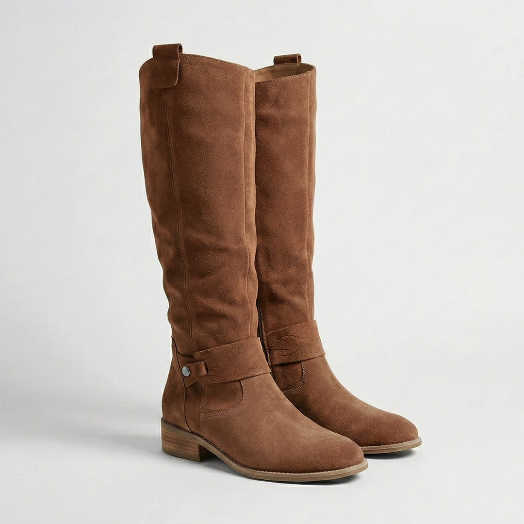 Women's Slouchy Suede-Look Knee-High Low-Heel Boots, Taupe - Brown
