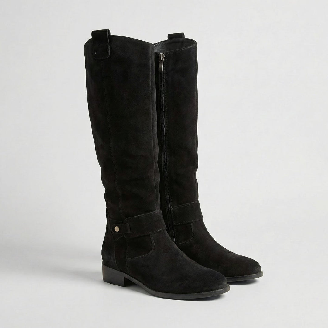 Women's Slouchy Suede-Look Knee-High Low-Heel Boots, Taupe - Black