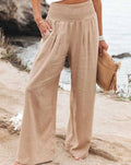 Olivia | Women's Smocked High-Waist Wide-Leg Palazzo Pants, Beige
