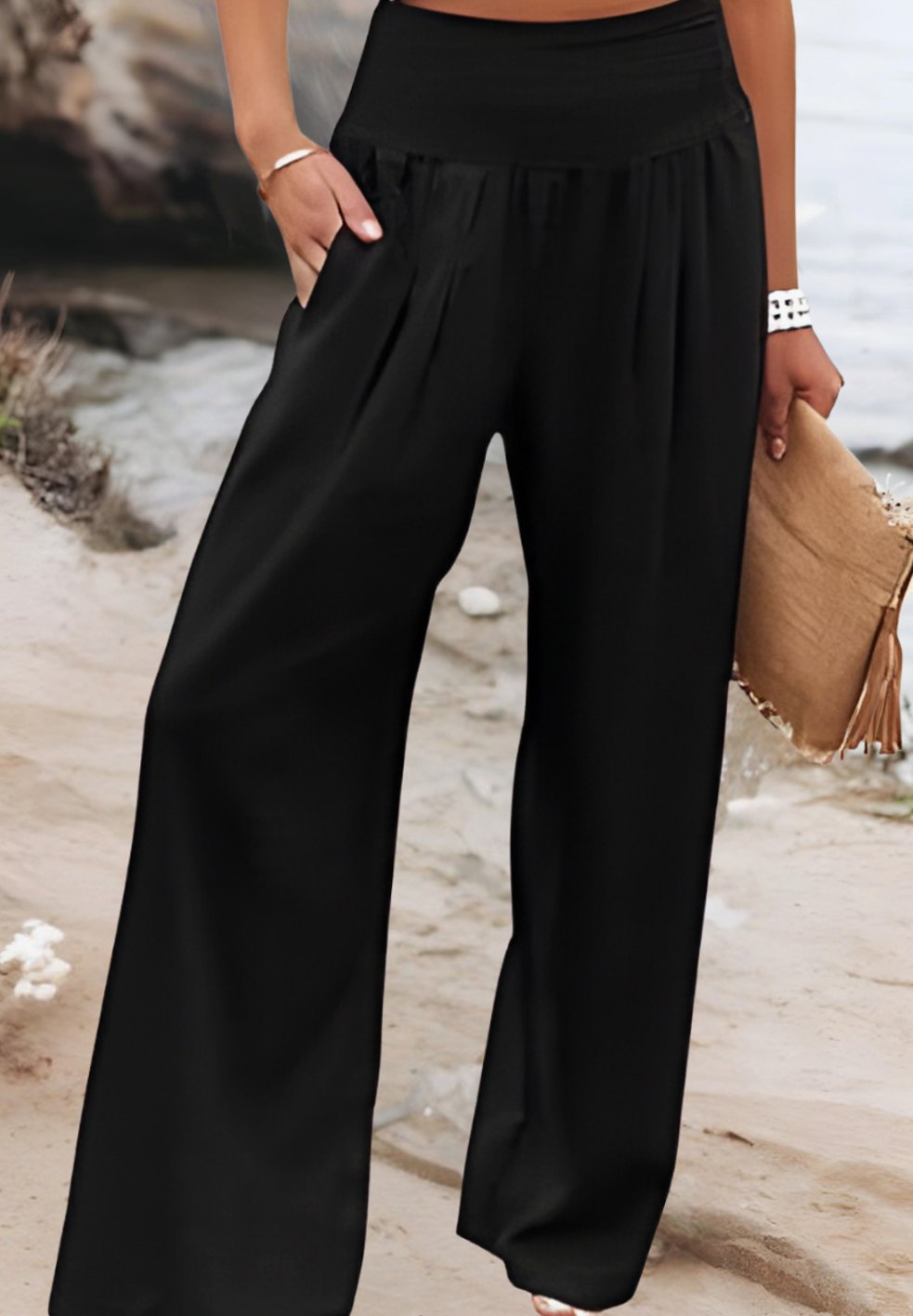 Women's Smocked High-Waist Wide-Leg Palazzo Pants, Beige - Black