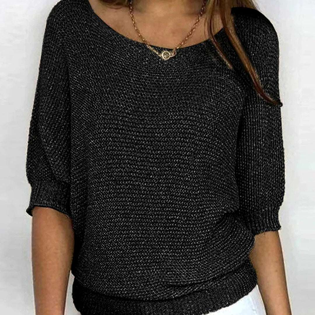 Women's Soft Knit Batwing-Sleeve Relaxed Pullover Sweater - Black