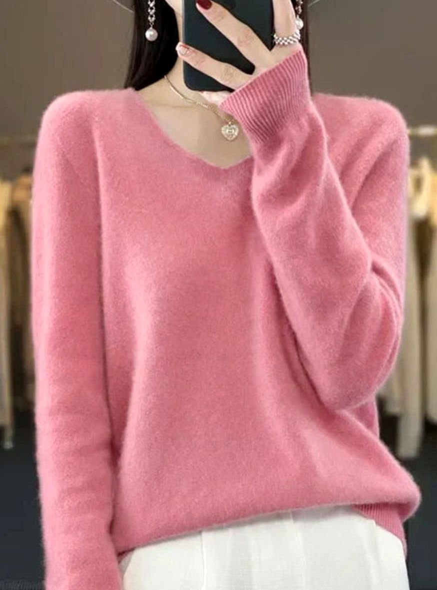 Women's Soft Knit V-Neck Cashmere-Feel Pullover Sweater - Rose
